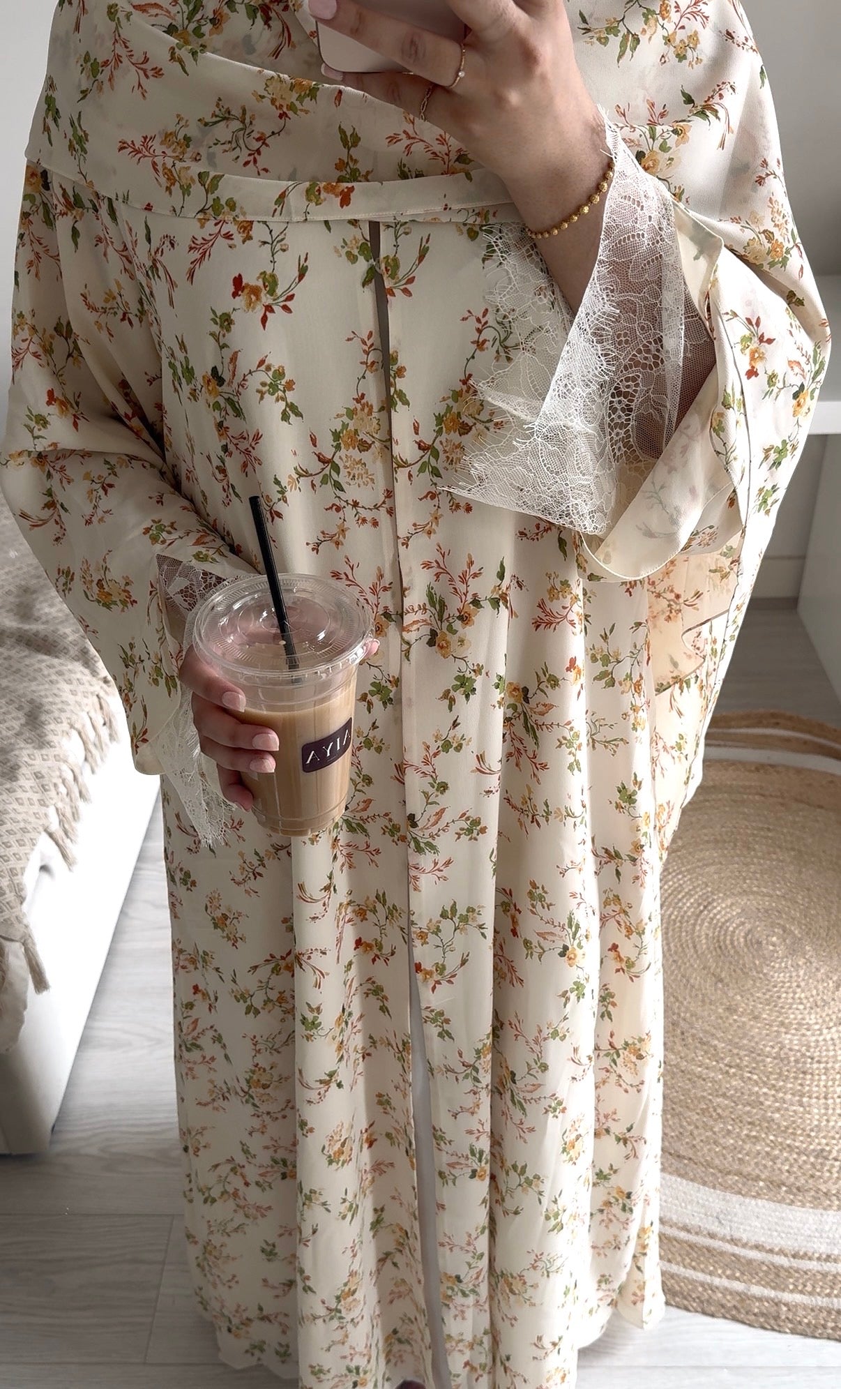 Printed Lace Abaya- Cream