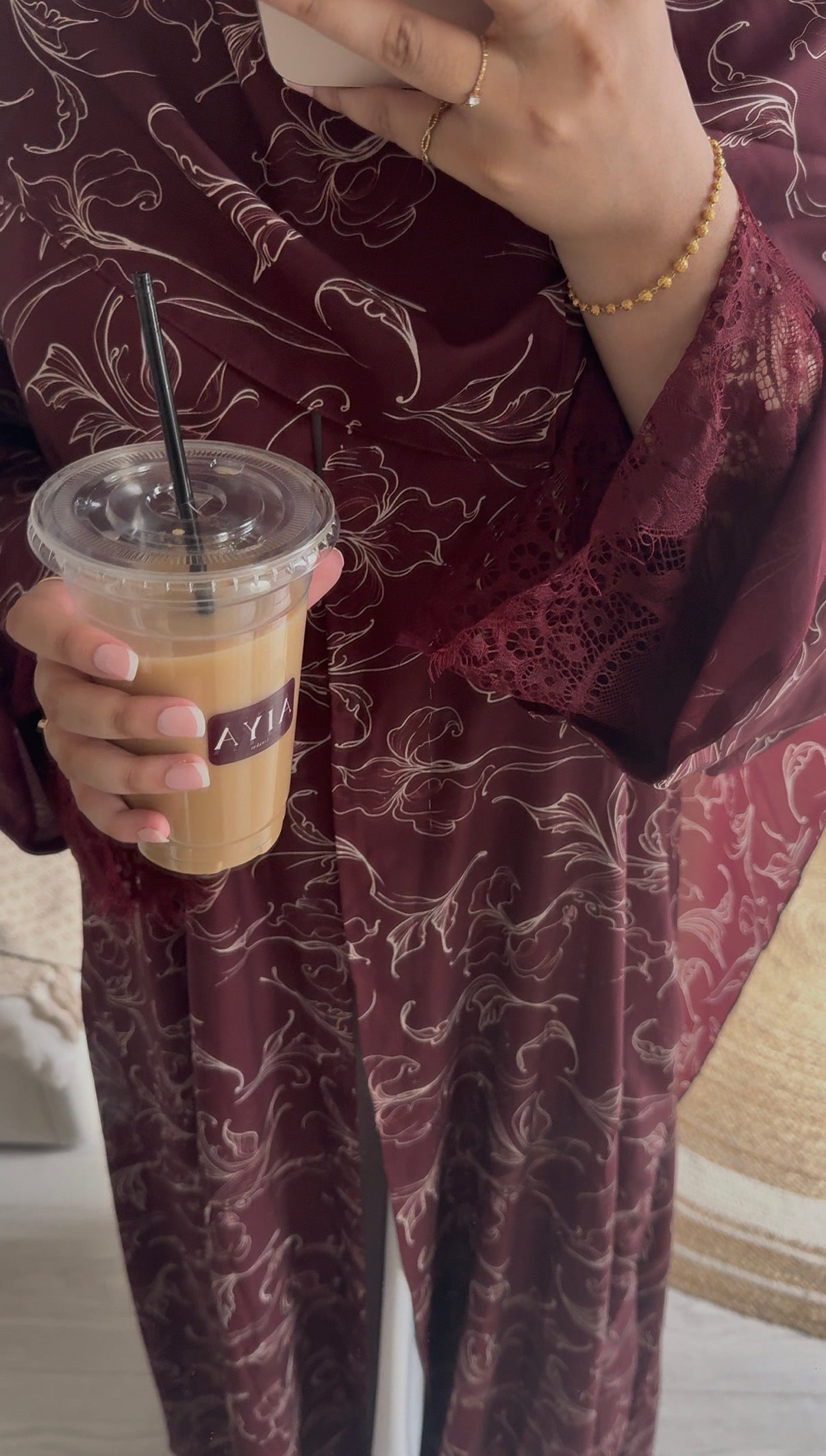 Printed Lace Abaya- Burgundy