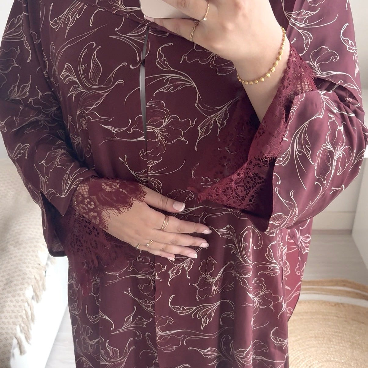 Printed Lace Abaya- Burgundy