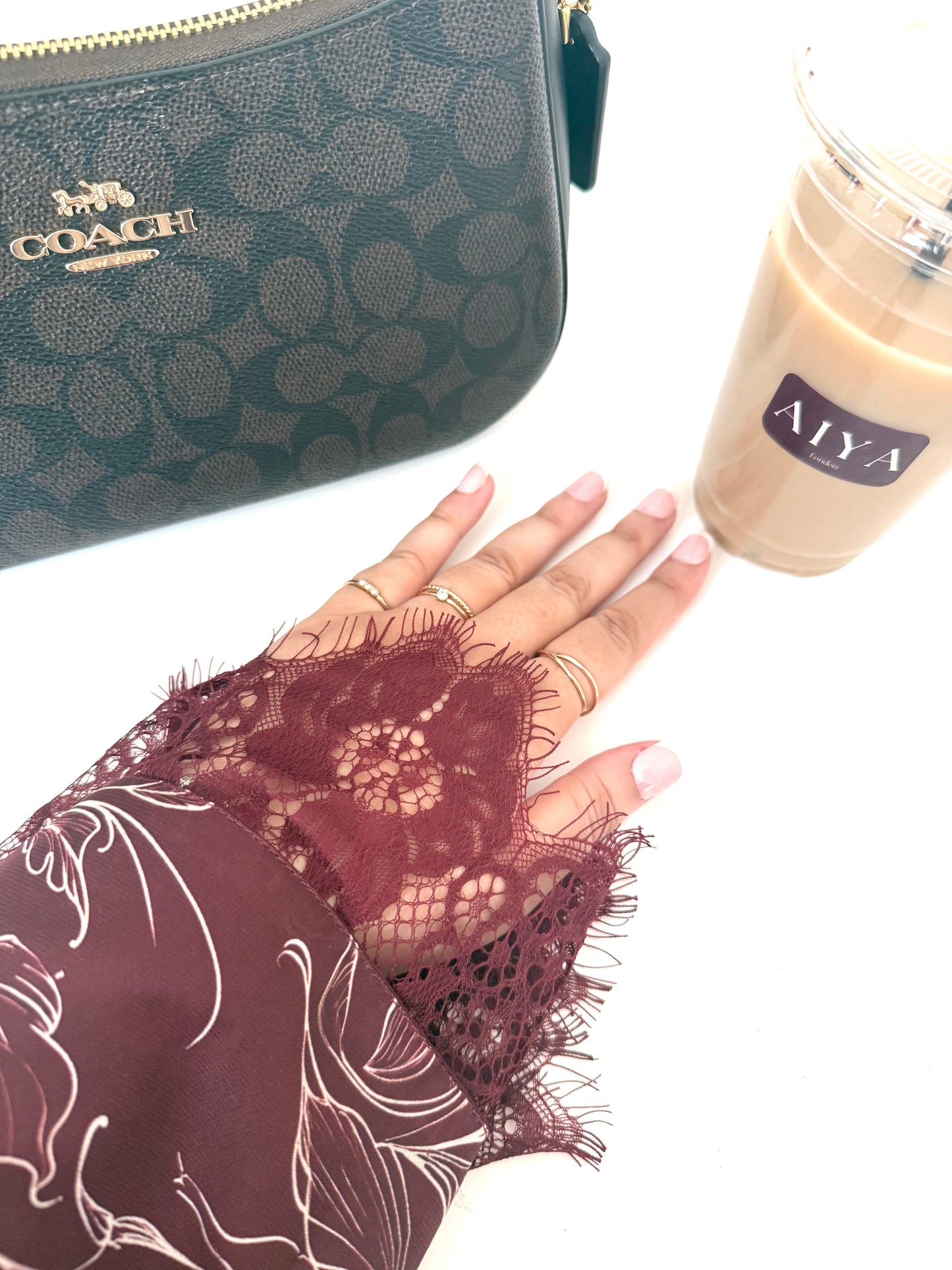 Printed Lace Abaya- Burgundy